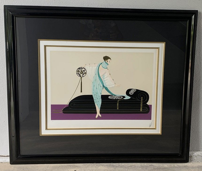 Erté Lithograph Signed 80/300 Lady with Aqua Dress: Erté Serigraph Signed & numbered 80/300. "Lady with aqua color dress" Frame measure 37" tall x 43 3/8" wide. In excellent condition.