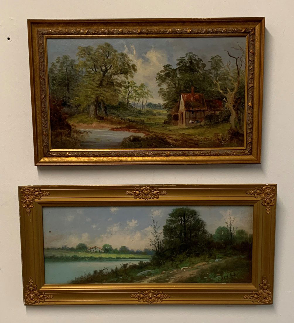 2 Landscape- Oil on Board + Pastel by A. C. Schafer: 2 Landscape Paintings. Oil on Board signed illegibly & Pastel River scene by A. C. Schafer. Oil painting measure 13" tall x 21' wide & pastel art measure 11 1/2" tall x 23 1/2" wide. Both are in good
