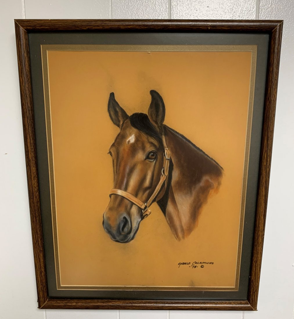 Angelo Calamuso- 1973 Horse Pastel Painting: Angelo Calamuso Pastel Painting-Horse- dated 1973 Pastel on felt board Frame measure 21" tall x 17" wide. In good condition.