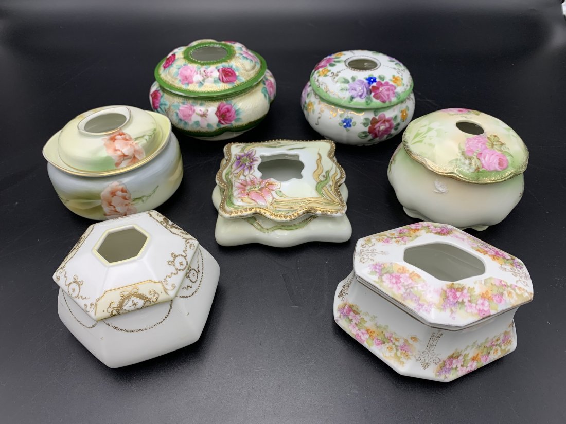 7 Hand Painted Victorian Porcelain Hair Receivers: 7 Hand Painted Victorian Porcelain Hair Receivers. Victorian porcelain hair receivers (2) Nippon, (1) M Z Austria marked, (1) un-marked, (1) Made in Japan (1) R S Germany m (1) marked Germany. In good
