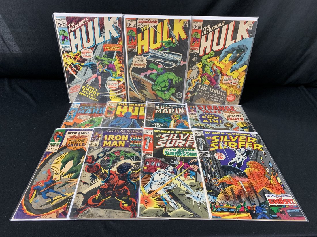 11 Marvel Comic Books Hulk, Silver Surfer, Iron Man: 11 Marvel Comic Books, (5) Hulk comic books, (2) Silver Surfer, (1) Iron Man, (1) Doctor Strange, (1) Strange Tales & (1) Prince Namor, The Sub-mariner, All in protective sleeves. In good condition.