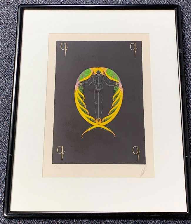 Erte' Lithograph Alphabet Series Q 83/350: Erte' Lithograph Alphabet Series Q 83/350. Framed, signed and numbered. The framed artwork measures 27" tall and 12" wide. Overall condition is very good.