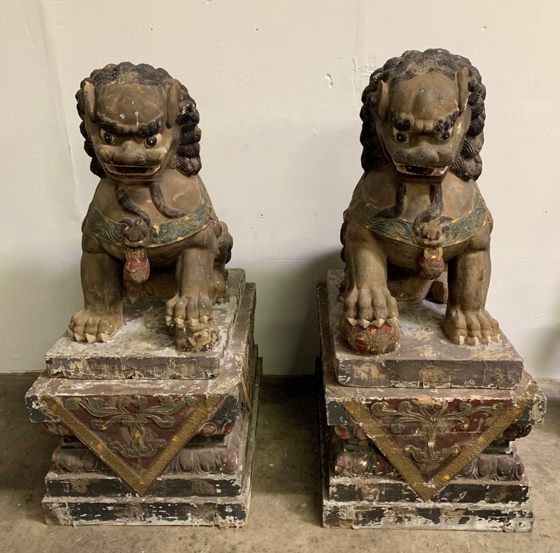Large Pair of Chinese Temple Lions 59" Early 20th Cent: Large Pair of Chinese Temple Lions 59" Tall - Early 20th Century. Foo dogs on base measures 59" tall x 26" wide x 36" length. Foo Dog measures 38" tall x 22" wide x 31" length. Overall in good conditi