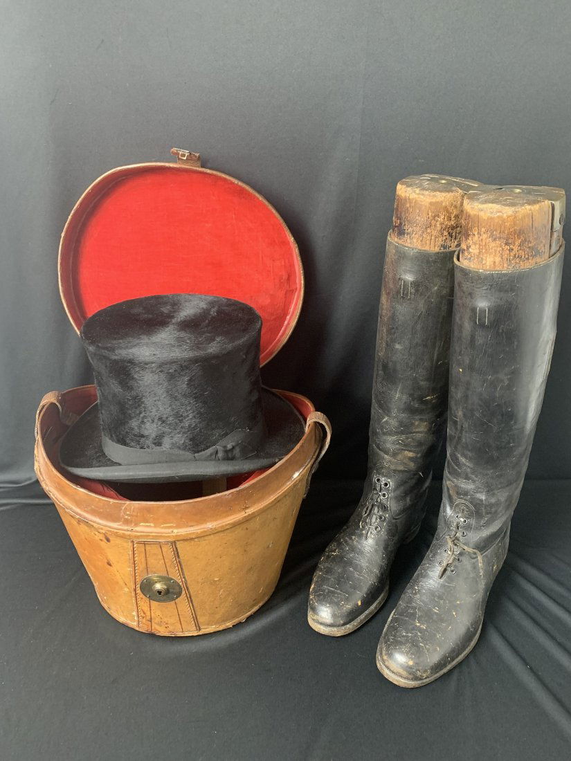 Victorian Leather Top Hat ,Case , Hat & Riding Boots: Victorian Leather Top Hat Case , Beaver skin & Silk Hat & Riding Boots. Leather case measures 10 1/2" tall x 13" wide & signed Frank E. Aston. Top hat marked J.R.G. & Bartley's & Son's London riding l
