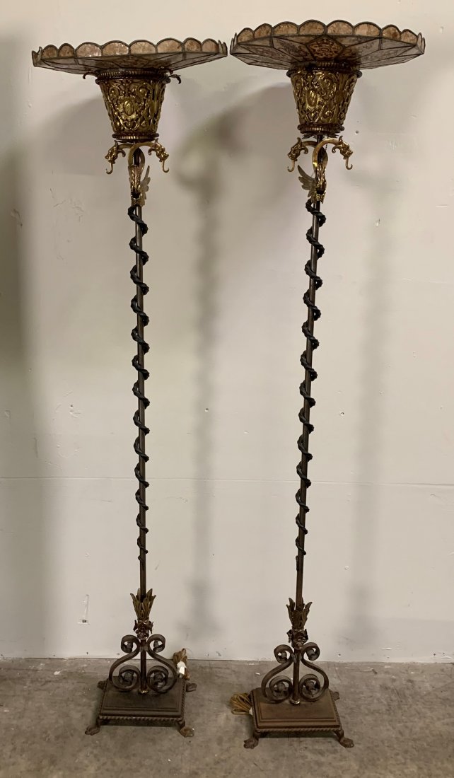 Arts & Crafts Hand Forged Iron Floor Lamps with Dragons: Arts & Crafts hand forged iron floor lamps with dragons & mica shades. Both lamps are in working condition. Lamps approximately measurements: 70" tall. Each lamp approximately weight: 27lb. Mica shade