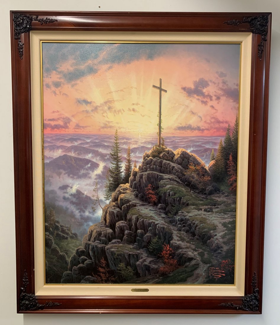 Print on Canvas by Artist Thomas Kinkade "Sunrise": Print on Canvas by Artist Thomas Kinkade titled "Sunrise" A prayer of hope for the millennium of light. Artwork come with Certificate of Authenticity. Signed in the lower right corner. Frame measures 