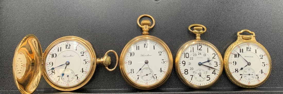 4 Gold-filled Hamilton Pocket Watches: 4 Gold-filled Hamilton Pocket Watches. Hamilton pocket watch No.992 measures 51 mm., watch No.645 measures51 mm., watch No.247142 measures 54mm. & watch No.417581 measures 55mm. All 4 watches appear t
