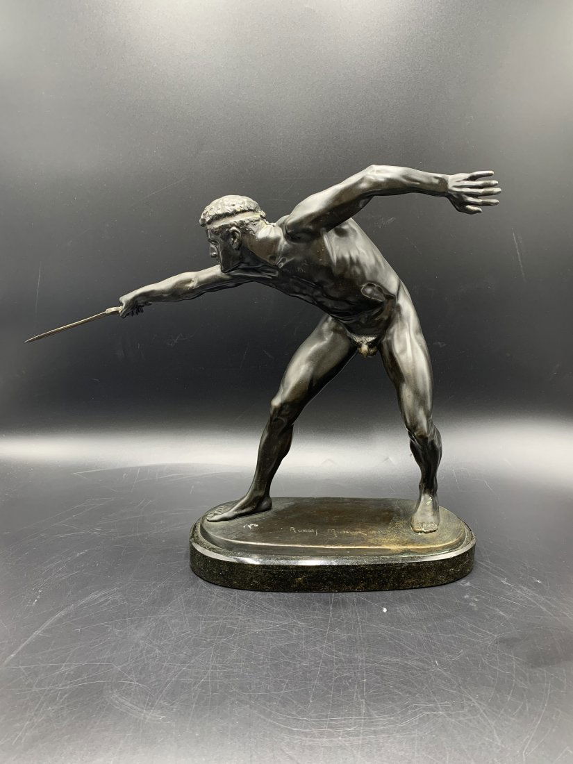 Nude Gladiator Bronze Sculpture by Rudolf Marcuse: Nude Gladiator Bronze Sculpture by Rudolf Marcuse. The sculpture measures 12 1/2" tall x 17" wide x 5" deep. 13 lbs. In very good condition.