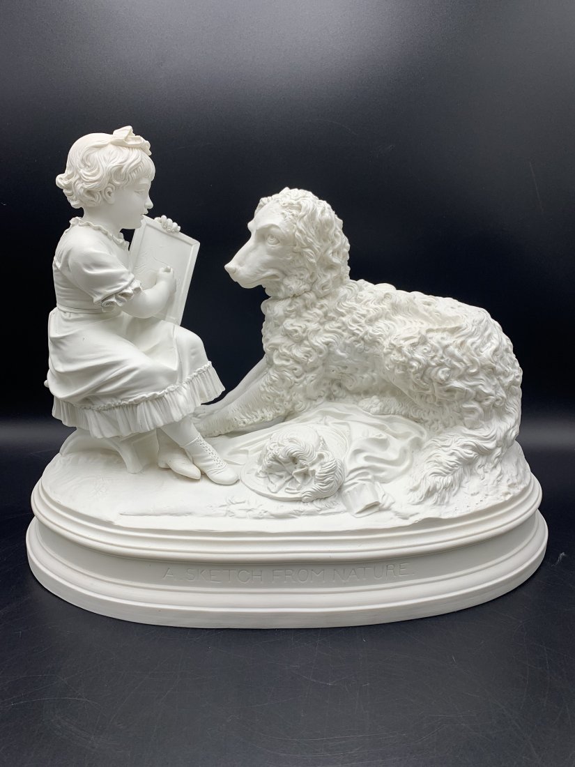 Parian Ware Girl & Dog Sculpture "A Sketch from Nature": Victorian Parian Ware Girl & Dog Sculpture Tilled "A Sketch from Nature". Sculpture measure 12 1/2" tall x 15 3/4" long x 10" deep & weight: 10 lbs. In good condition.