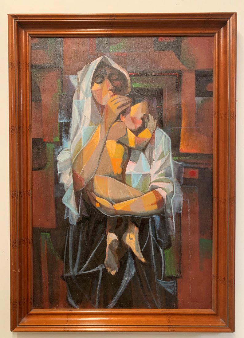 WPA Style Abstract Oil Painting "Mother & Child": WPA Style Abstract Oil Painting "Mother & Child". Frame measures 42" tall by 29 1/2" wide. In good condition. We have 2 more paintings by this same artist in the catalog.