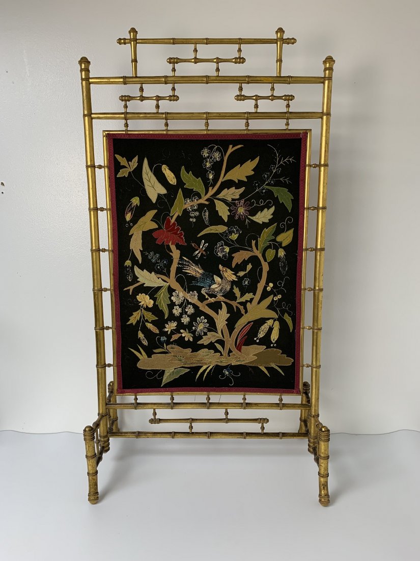 French Victorian Gilt Faux Bamboo Fire Screen: French Victorian gilt faux bamboo fire screen with needlepoint panel. Frame measures 50" tall x 26 1/2" wide x 13" deep & screen measures 29" tall x 21" wide. In good condition.