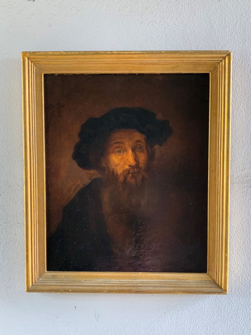 19th Century Rembrandt Style Painting - C. M. Powell: 19th Century Rembrandt Style Painting by C. M. Powell. Title & artist name is on the back of the canvas. Frame measures 28 1/2" tall x 24" wide. In good condition.
