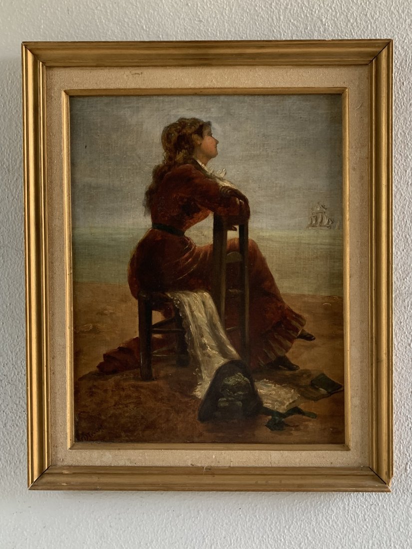 Alfred Emile Leopold Stevens Oil Painting of Woman: European oil on canvas laid on board of a Victorian Woman. Signed in the lower left corner "A. Stevens". Alfred Emile Leopold Stevens:1823-1906. Frame measures 22" tall x 12" wide. The canvas measures