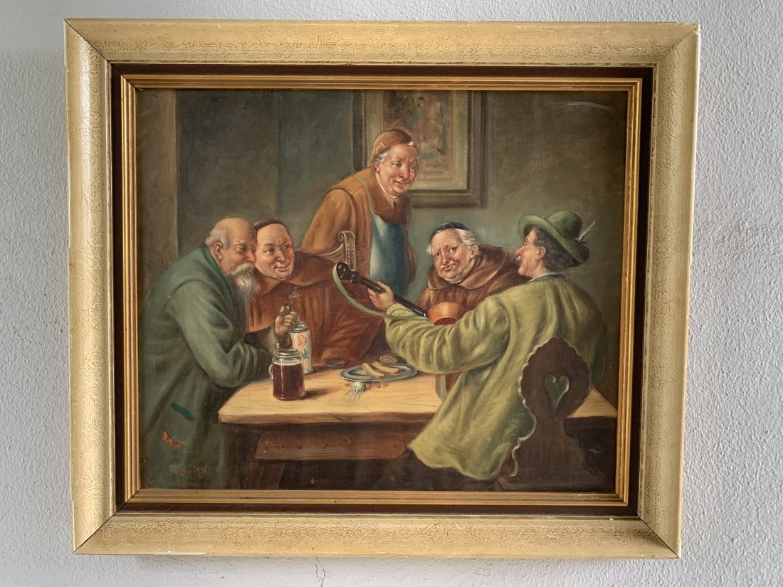 19th Century "Monks" Oil on Canvas by J. Brade: 19th Century "Monks" Oil on Canvas by James Brade. Signed in the lower left corner. Frame measures 25" tall x 29" wide. In good condition.