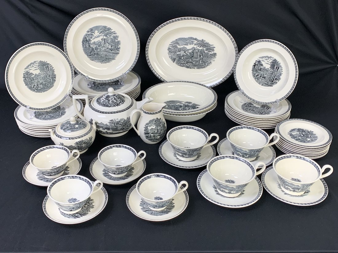 Wedgwood Lugano Pattern Dinnerware, China: Wedgwood Lugano Pattern Dinnerware, China. (1) Serving oval dish 13", (2) serving bowls 10", (8) salad plates 8 1/4", (8) soup plates (8) dessert plates 6", (4) fruit plates 6", (4) saucers 6 1/2", (8