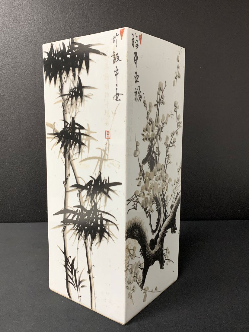 Chinese Ink Design Tall Square Porcelain Vase (1 of 9)