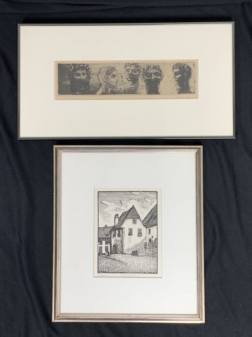 Two Etchings by David Bumbeck & J. J. Lankes: Two Etchings by David Bumbeck & J. J. Lankes. "Roman Heads" by David Bembeck is signed, titled & numbered 9/16 in the lower bottom. Frame measures 18 1/4" tall x 9 3/4" wide. Etching measures 3 1/2" t