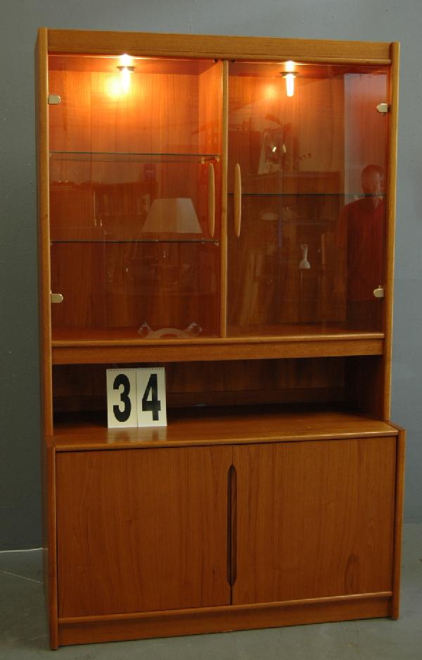DANISH DISPLAY CABINET: DANISH TEAK AND GLASS DISPLAY CABINET, 4 GLASS SHELVES, DOUBLE DOORS W/ONE SHELF EACH, INTERIOR LIGHTING, 79 X 48 X 22.