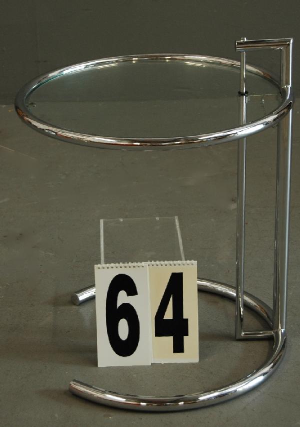 EILEEN GRAY SIDE TABLE: ORIGINAL EILEEN GRAY SIDE TABLE, POLISHED TUBULAR MIRROR CHROME WITH GLASS TOP INSERT, 21H X 2OD.