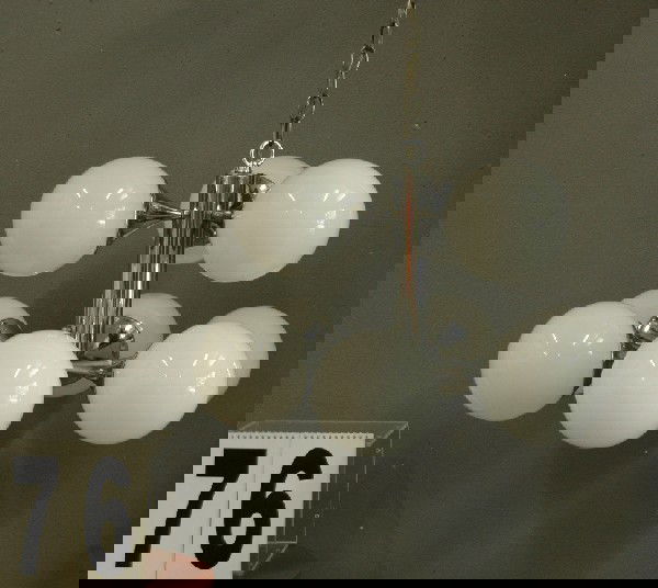 GERALD THURSTON CHANDELIER: RETRO MIRROR POLISHED CHROME CHANDELIER, 9 LIGHT SIDE MOUNTED EACH WITH MILK GLASS SHADE, 12H, DESIGNED BY GERALD THURSTON FOR LIGHTOLIER.