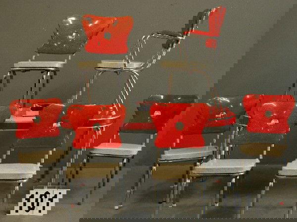 1950S KITCHEN DINETTE SUITE: VINTAGE 1950S DINETTE SUITE: 6 CHAIRS, ONE ARM AND 5 SIDES, MATCHING TABLE 60 X 30, ALL IN RED AND WHITE. CHAIRS FEATURE CIRCLE SHAPE POLISHED CHROME MEDALLION AND NAPKIN HOLDER.