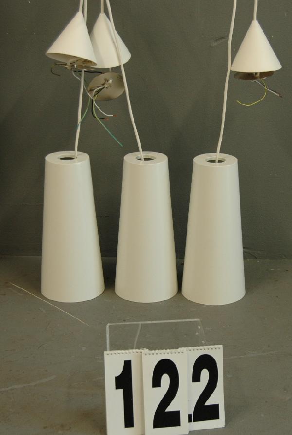SET OF 3 LIGHTING FIXTURES: DANISH MODERN WHITE METALLIC CONICAL SHAPED LIGHTING FIXTURES, 17H EACH WITH CEILING CAP & EXTRA LONG CORD.