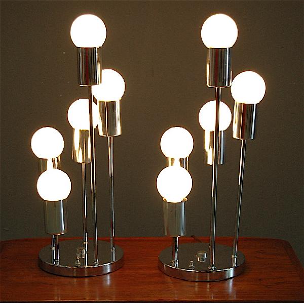 PAIR OF WATERFALL LAMPS: PAIR OF MIRROR CHROME WATERFALL BEDSIDE TABLE LAMPS, EACH W/5 GLOBES, 3-WAY SWITCHES, 23H.