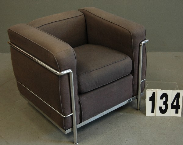 EDUARD JENNERET LADY'S CHAIR: EDUARD JENNERET "LE CORBUSIER" LC2 LADIES PETIT ARM CHAIR, SIGNED CASSINA, 28 X 26 X 30 RARE W/ORIGINAL FABRIC.
