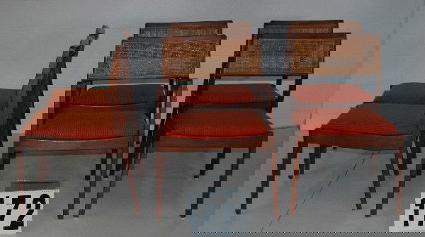 6 JENS RISON DINING CHAIRS: SET OF 6 JENS RISOM TEAK DINING ROOM CHAIRS INCLUDES 2 ARM & 4 SIDE CHAIRS, ORIGINAL ORANGE FABRIC SEATS W/CANE BACKS, PAPER AND CLOTH LABELS, 32 X 22.5.