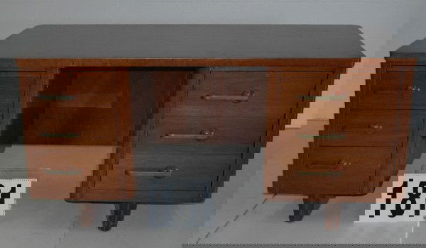 GILBERT ROHDE EXECUTIVE DESK: GILBERT ROHDE DESIGNED EXECUTIVE'S DESK WITH ART DECO FLARE, BRASS & WOODEN BALL DRAWER PULLS, 60W X 30D X 29H.