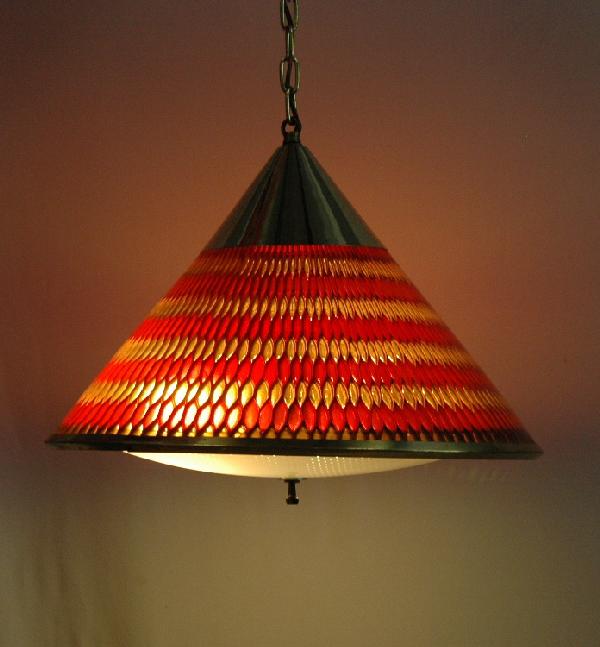 MOE LIGHTING SWAG LAMP: SIGNED MOE LIGHTING UMBRELLA SHAPED AND MULTICOLORED LUCITE PANEL SWAG LAMP, WHITE GLASS BOTTOM PLATE, C 1965, 18D.