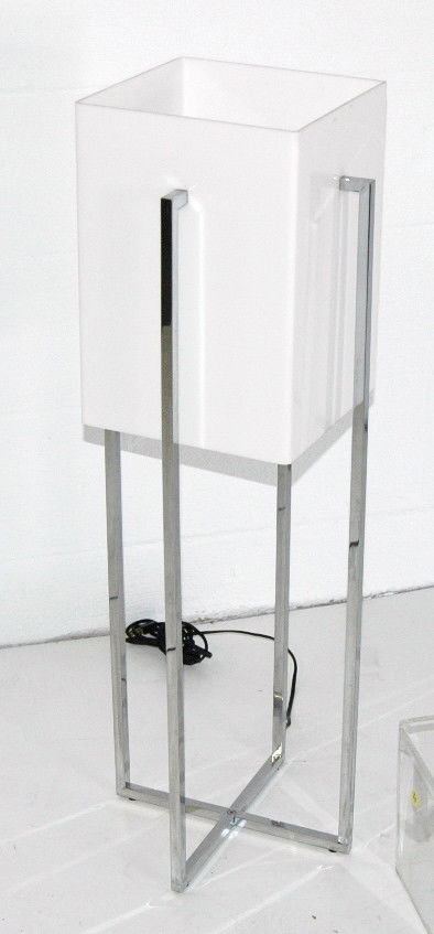 GEORGE KOVACS TABLE LAMP: GEORGE KOVACS TALL POLISHED CHROME AND WHITE ACRYLIC SHADE TABLE LAMP, 33H.