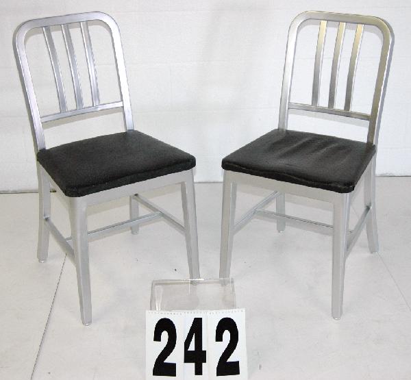 SET OF 2 GOODFORM SIDE CHAIRS: 2-SIGNED GOODFORM ALUMINUM SIDE CHAIRS, DATED AUGUST 1951 WITH ORIGINAL BLACK SEAT FABRIC, BOTH REFINISHED.