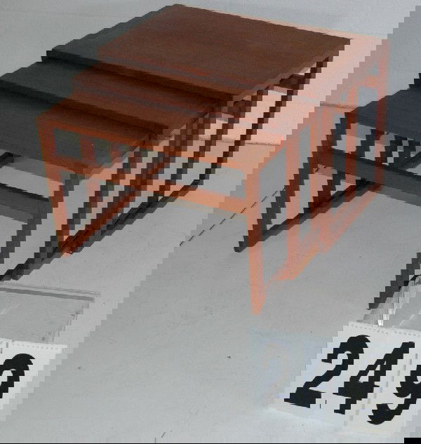 SET OF NESTING TABLES: MARKED MADE IN DENMARK, SET OF 3 TEAK NESTING TABLES, LARGEST 13 X 24 X 17H.