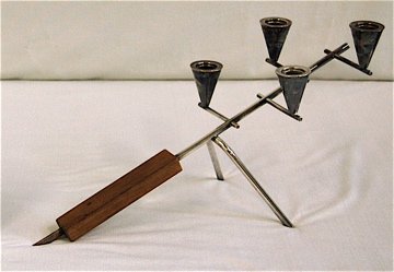 TABLE TOP CANDLE HOLDER: DANISH SLANTED TABLE TOP CANDLE HOLDER WITH TEAK BASE, 17L.