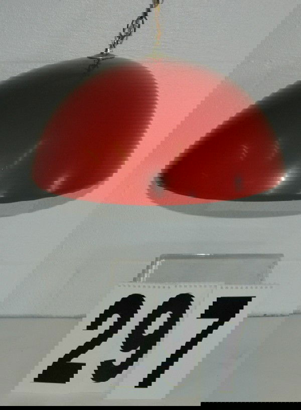 VERNER PANTON STYLE SWAG LAMP: RED METALLIC DOME SWAG LAMP, 16D WITH LARGE LARGE MILK GLASS GLOBE.