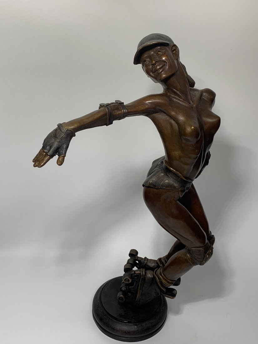 Bronze Sculpture "Roller Skater" by Mike Long: Bronze Sculpture "Roller Skater" by Mike Long. Signed in the bottom of the left skate. The sculpture measures 21 1/4" tall x 13 1/2" depth & weight: 25 lbs. In excellent condition.