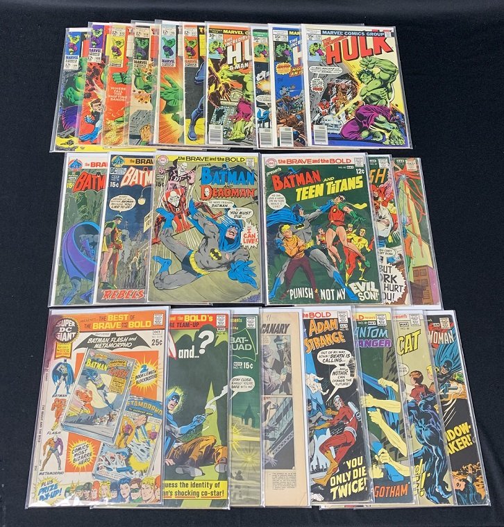 24 Early Hulk & Batman Comic Books. 12-35 Cents: Lot of 24 Early The Incredible Hulk & Batman 12, 15, 30 & 35 cents Comic Books. The brave & the bold No. 91 is missing the cover. Overall in good condition. collection.