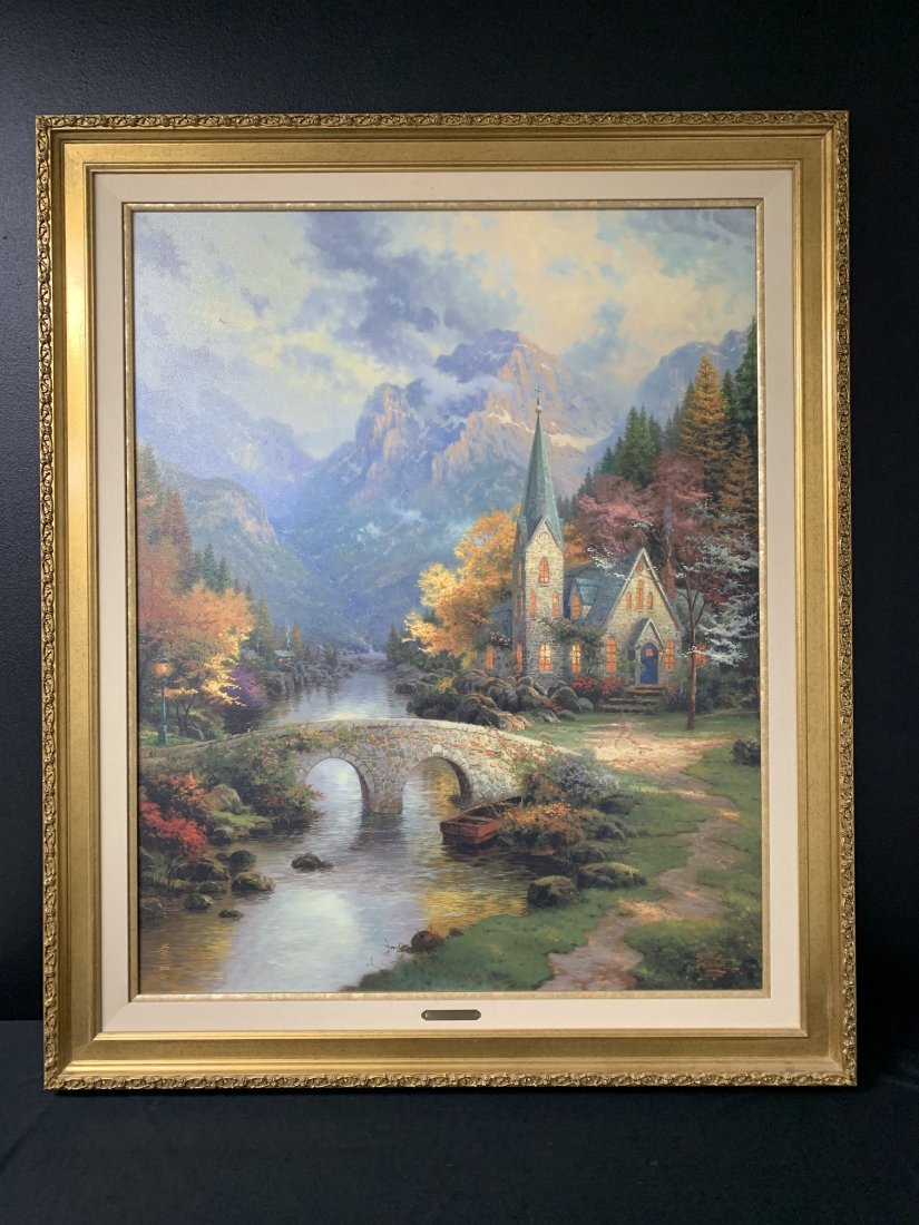 Thomas Kinkade "The Mountain Chapel" Print 435/4950: Thomas Kinkade "The Mountain Chapel" Print. Signed and numbered 435/4950 in the bottom of the canvas. The Mountain Chapel print comes with certificate of authenticity. The frame measures 48 1/2" tall 