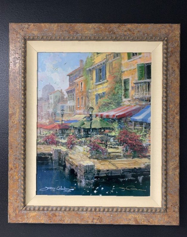 Giclee on Canvas "Corner Marketplace" by James Coleman: Giclee on Canvas "Corner Marketplace" by James Coleman. Giclee on canvas print of the original oil painting. Signed & numbered 42/99 on the left corner. The print comes with a "Certificate of Authenti