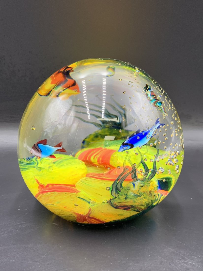 Large Stefano Toso Murano Hand Blown Art Glass Fish Ball: Large Stefano Toso Murano Hand Blown Art Glass Fish Ball. Colorful underwater scene. Signed by artist and Murano on bottom. Measurements: 6" tall x 5 3/4" wide. Weight: 12.5 Lbs. In excellent conditio