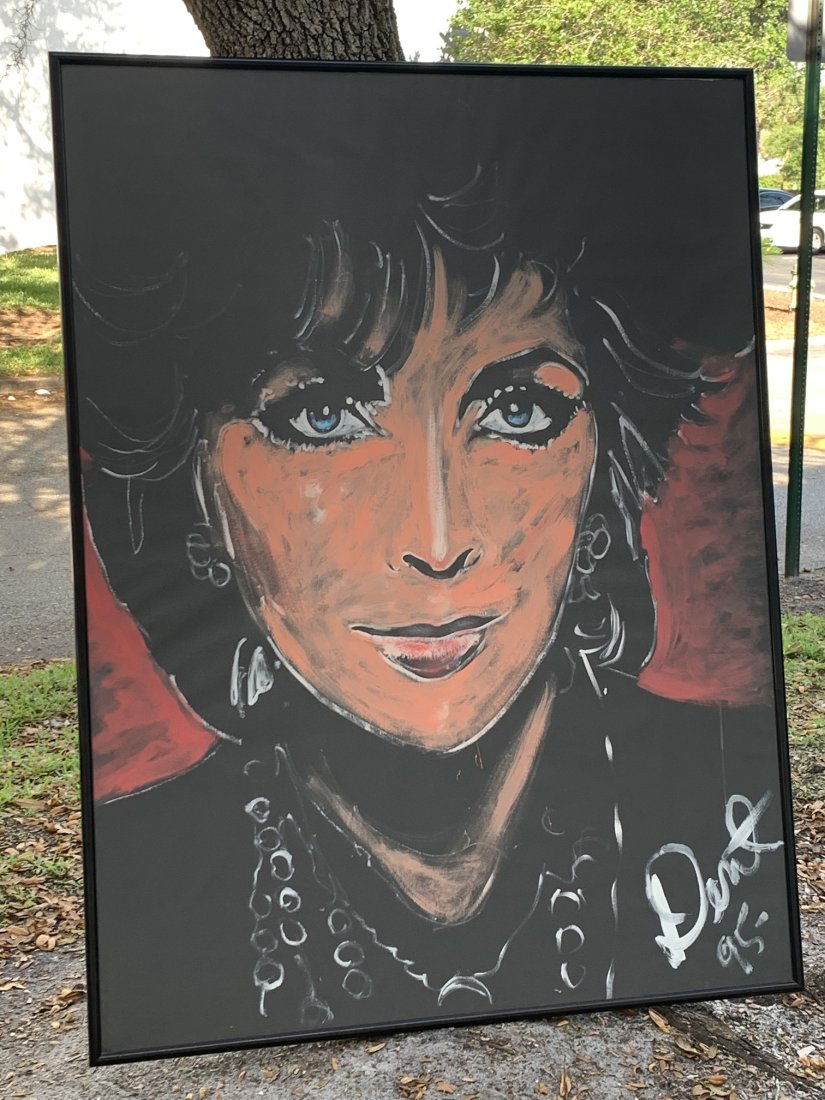 Portrait of "Elizabeth Taylor" by Artist Denny Dent: Portrait of "Elizabeth Taylor" by Artist Denny Dent. Signed & dated 1995 on the bottom right. The frame measures 53" tall x 40 1/2" wide. In good condition.