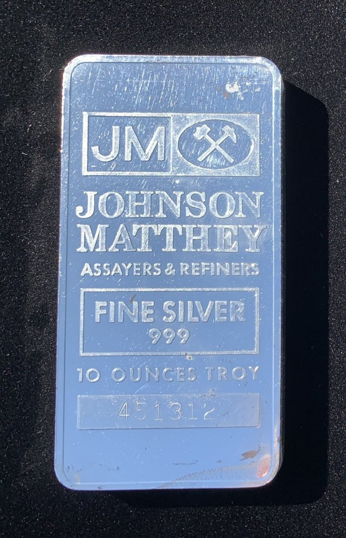 Johnson Mathey 999 Fine Silver Bar, 10  Troy Oz. (1 of 4)