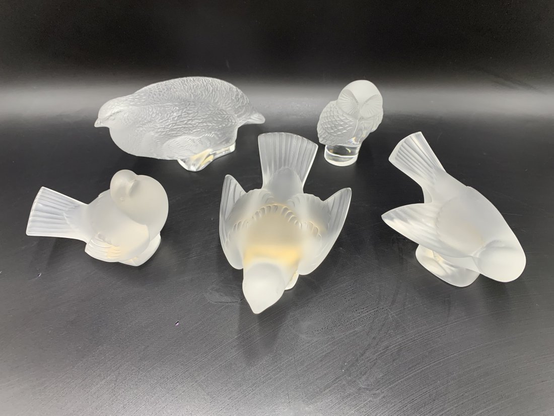 Lot of 5  Lalique Crystal Bird Sculptures Owl, Sparrows & Quail (1 of 19)