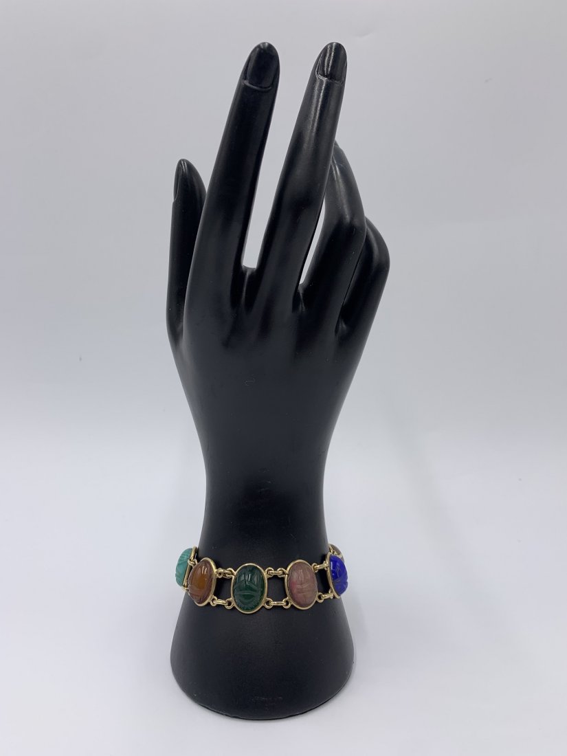 14K Gold Link Bracelet - 8 Carved Scarabs in Gold Bezels (1 of 11)