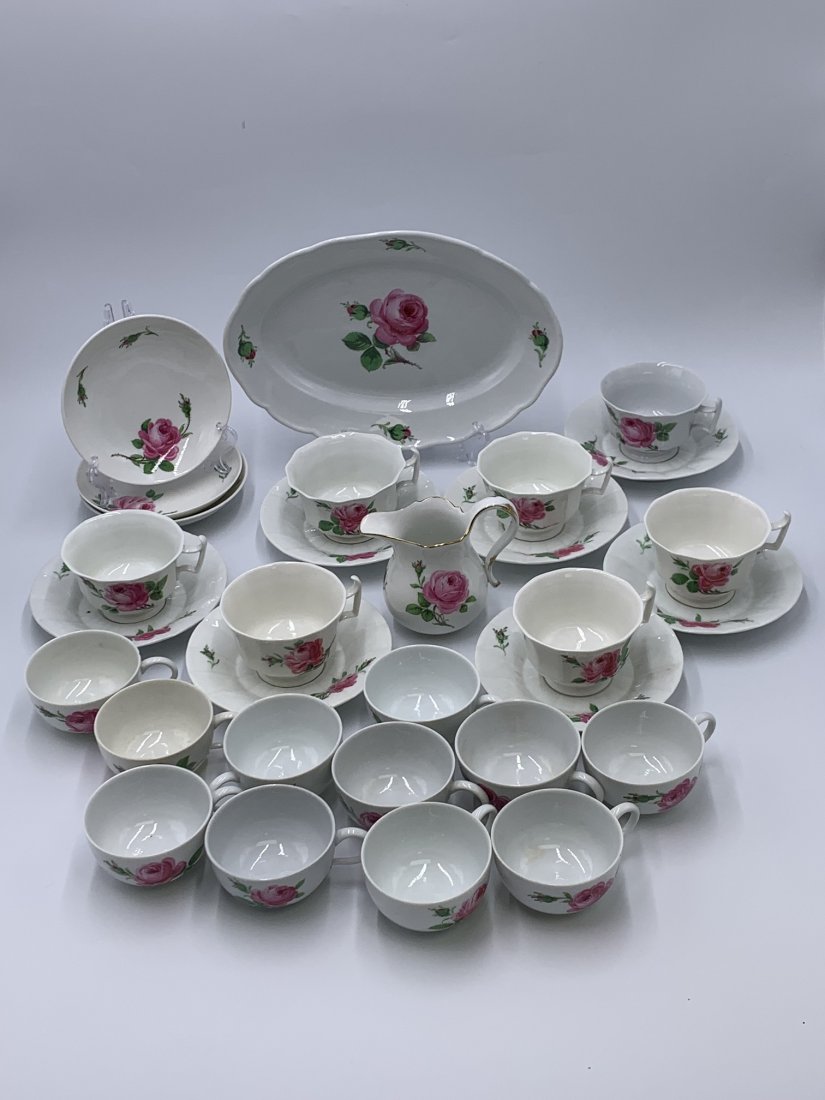 Meissen Porcelain "Pink Rose" Teacups,  Saucers, Creamer Cup & Serving Dish (1 of 17)