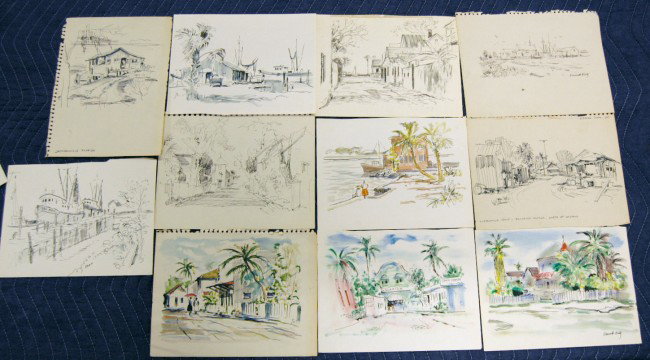 EMMETT FRITZ: 2 EMMETT FRITZ SKETCH BOOKS FULL OF WATERCOLORS, PEN & INK DRAWINGS, ALSO BIOGRAPHICAL EPHEMRA AND PERSONAL PHOTOGRAPHS.