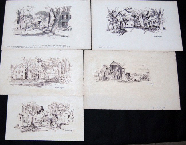 EMMETT FRITZ: 5 EMMETT FRITZ FELT-TIP PEN DRAWINGS OF RURAL MASSACHUSETTS TOWNS, VARIOUS SIZES.