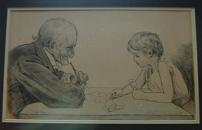 C. D. GIBSON & CARTER: ORIGINAL PEN AND INK DRAWING DOUBLE SIGNED BY C. D. GIBSON AND GEO. D. CARTER, MAN & BOY PLAYING CARDS.