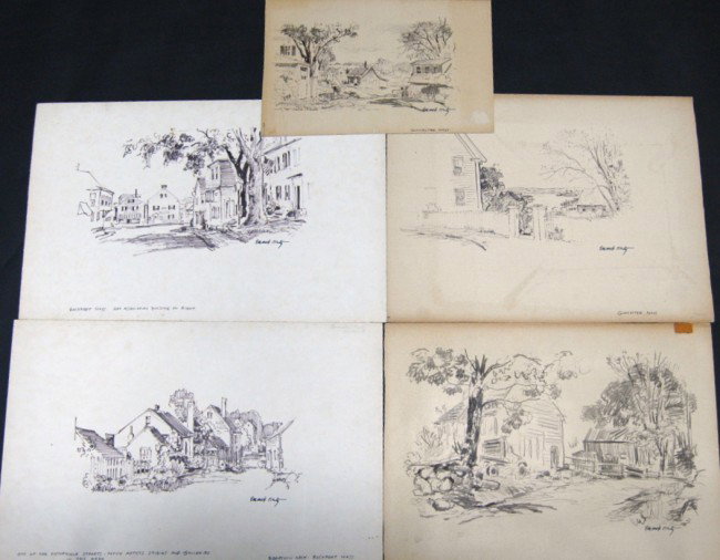 EMMETT FRITZ - 5 DRAWINGS: EMMETT FRITZ - 5 FELT TIP PEN AND PENCIL DRAWINGS OF RURAL MASSACHUSETTS TOWNS.